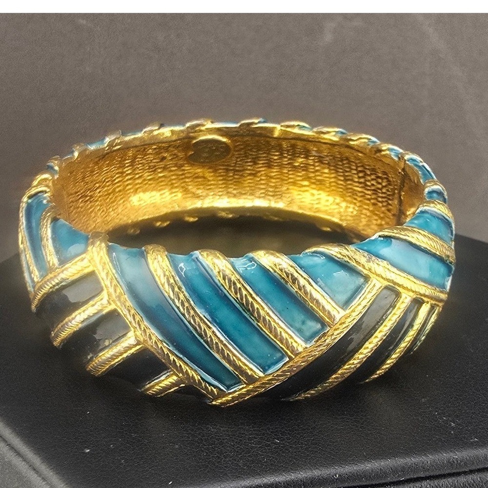 Vintage Original by Robert Bangle Blue Black Enamel Gold Tone Hinged 6.25in